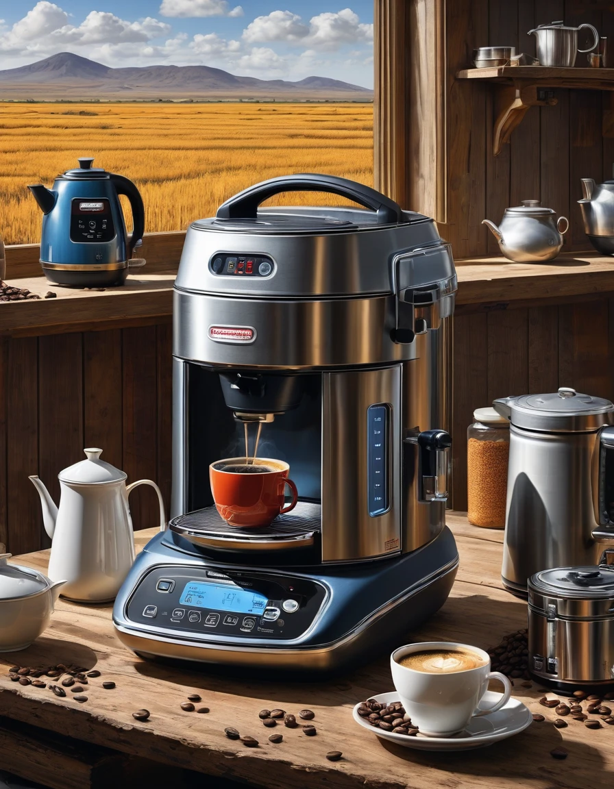 (Coffee machine),(Electric kettle),(grinding machine),(rice cooker),wasteland, Science Fiction Art, Dennis Ruston