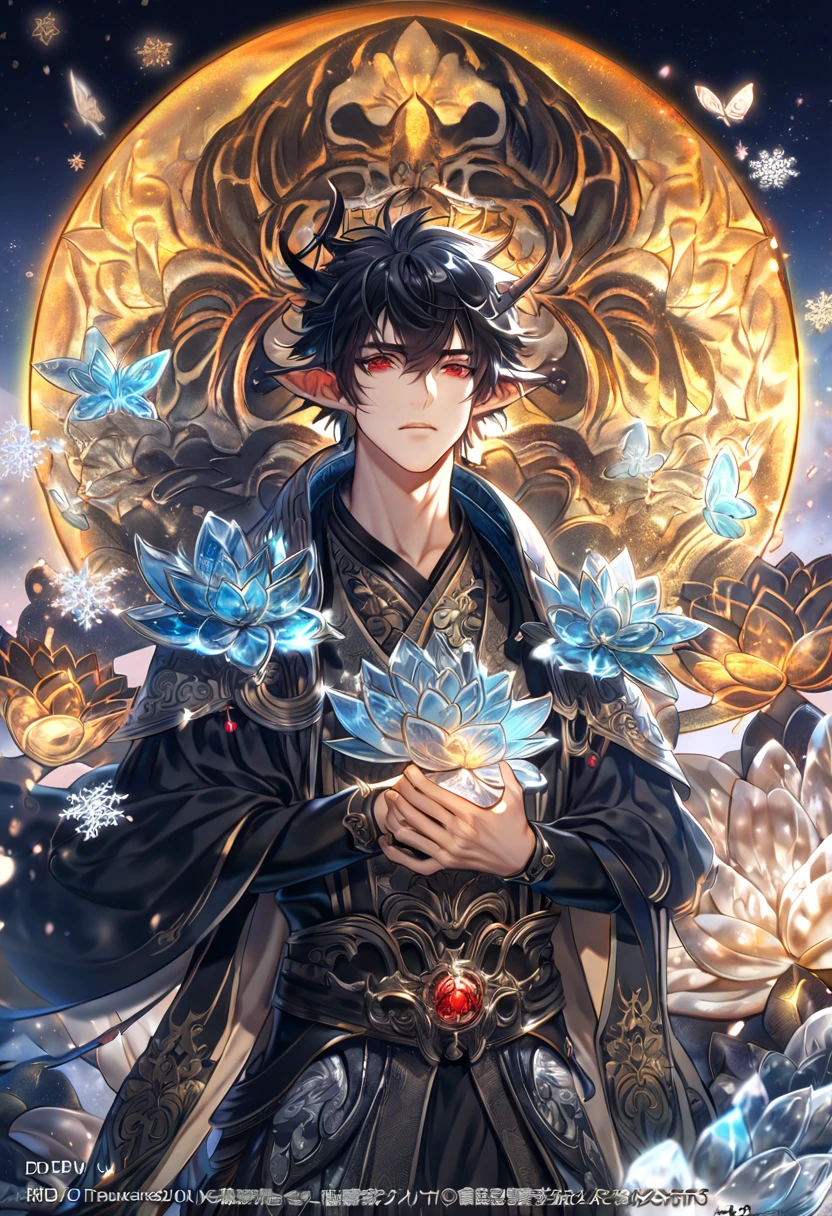absurdres, highres, ultra detailed, HDR, master piece, best quality, delicated features, Dantalion, black hair, spiked and messy hair, expressive red eyes, black horns, demon, Thousand Lotus, solo, sexy man, handsome, mature face, duke, fantasy black clothes, snowflakes, ice butterflies, starry sky, moonlight, magical, fantasy
