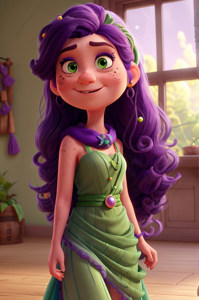 Funnily film character, disney pixar style,3d,Long black curly hair, greenskin, light green loose dress, pearl hair accessory, purple scarf on neck, large cilia, freckles on the nose, long white nails, all star roxo, makeup combined with the skin. 

