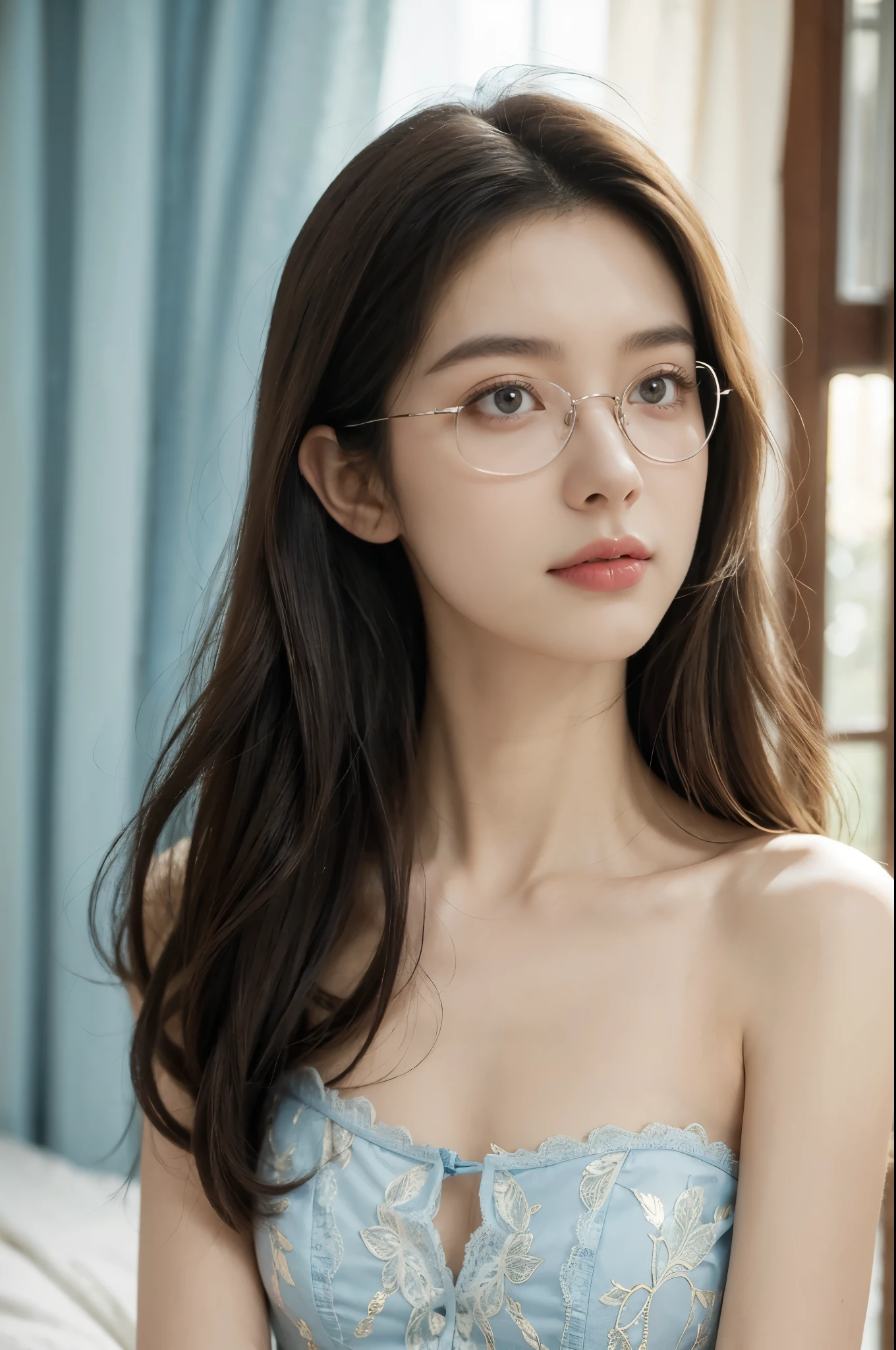 (((best quality))),(((ultra detailed))),(((masterpiece))),illustration,((1 beautiful girl,solo)),(glasses:1.3),slim,thin,small breasts,flat chest,shoulder length straight hair,on bed,dilapidated,hotel room,summer's afternoon,anticipation,shyness,date,big almond-shaped eyes,excited,nervous,fair skin,flawless,rosy cheeks,light blue collared shirt-dress,slender figure,delicate collarbones,white flowers,delicate silver chain,rusty bed frame,peeling wallpaper,white lace curtain,warm sunlight,soft warm glow,old-fashioned radio,cheerful tune,nervousness,heart pounding,excitement,door,plain attire,electric atmosphere,love,butterflies,((from front,close-up of face))