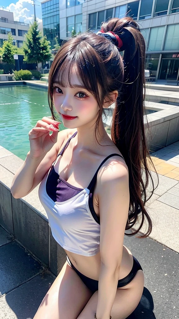 masterpiece, best quality,KFC, 1 girl, long hair，High ponytail，split bangs, Show your shoulders, , Gloves, jewelry, 大breast：1.4, Bare thighs, purple_Eye, purple_hair, half open shirt, alone,Look at the audience and smile,(Small bikini,Less fabric), (sun, cloud,Renaissance water city,outdoor :1.1),Render in blender((Isometric)), ((sagging breastoot from above,