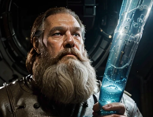 He is looking at a huge tube with liquid and a humanoid alien creature, The general orders an immediate exploration of the planet he has a large, bushy white beard he has a general'with hat on head, wears a modern uniform, gestures with hands to spectators, full body photography full body image dynamic photography.