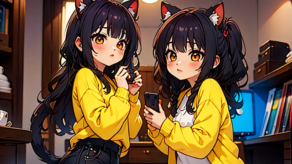 (Junkotvv a girl con orejas de gato) and (neocruz a boy con barba y sin orejas de gato), playing video games together in a room full of 80s style anime and posters in neon tones with video game controllers in their hands and enjoying