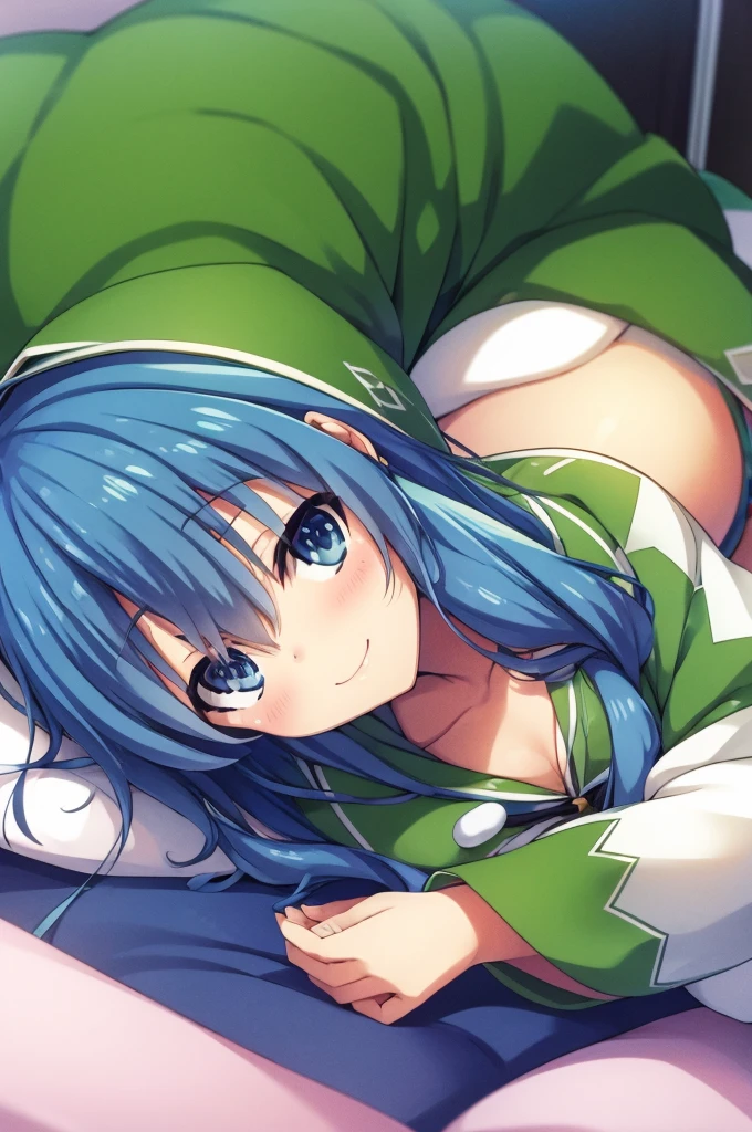 Yoshino Himekawa,Lying down,View your viewers,Blushing,smile,Green hood, rabbit hood,bed,white background