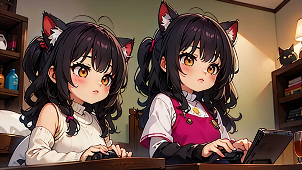 (Junkotvv a girl con orejas de gato) and (neocruz a boy con barba y sin orejas de gato), playing video games together in a room full of 80s style anime and posters in neon tones with video game controllers in their hands and enjoying