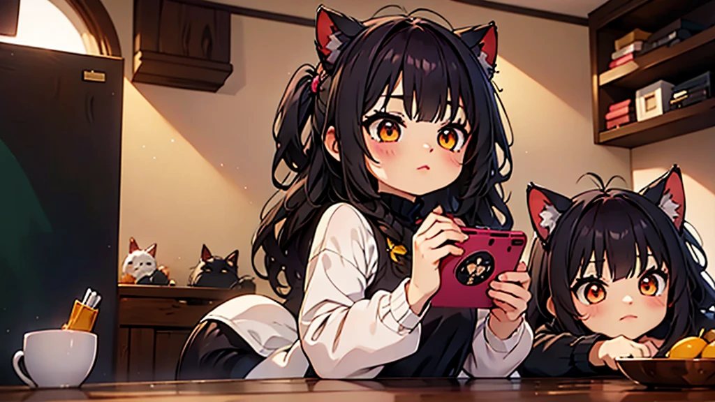(Junkotvv a girl con orejas de gato) and (neocruz a boy con barba y sin orejas de gato), playing video games together in a room full of 80s style anime and posters in neon tones with video game controllers in their hands and enjoying