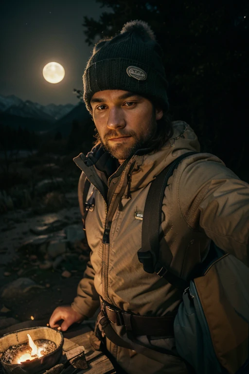 1 Man ((upper body selfie, happy)), masterpiece, best quality, highly detailed, alone, outdoors, (night), mountains, nature, (stars, moon) cheerful, happy, backpack, sleeping bag, camping stove, water bottle, mountaineering boots, gloves, sweater, hat, flashlight, forest, rocks, river, wood, smoke, shadow, contrast, clear sky, analog style (see viewer: 1. 2) (skin texture) (film grain: 1.3), (warm hue, warm tone), (warm hue, warm tone)
Translated with DeepL.com (free version)