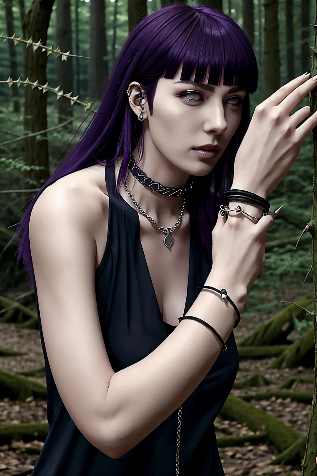 hyuuga hinata, cabelo roxo, pale skin, punk rock clothes, collar of thorns around the neck, thorn bracelets on wrists, in the middle of a forest