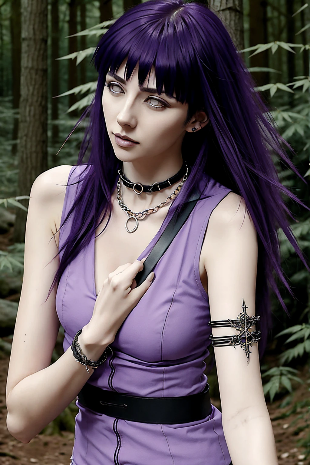 hyuuga hinata, cabelo roxo, pale skin, punk rock clothes, collar of thorns around the neck, thorn bracelets on wrists, in the middle of a forest