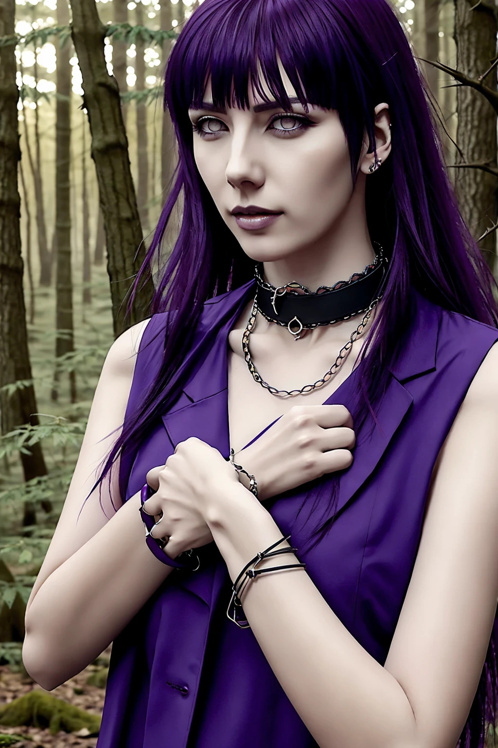 hyuuga hinata, cabelo roxo, pale skin, punk rock clothes, collar of thorns around the neck, thorn bracelets on wrists, in the middle of a forest