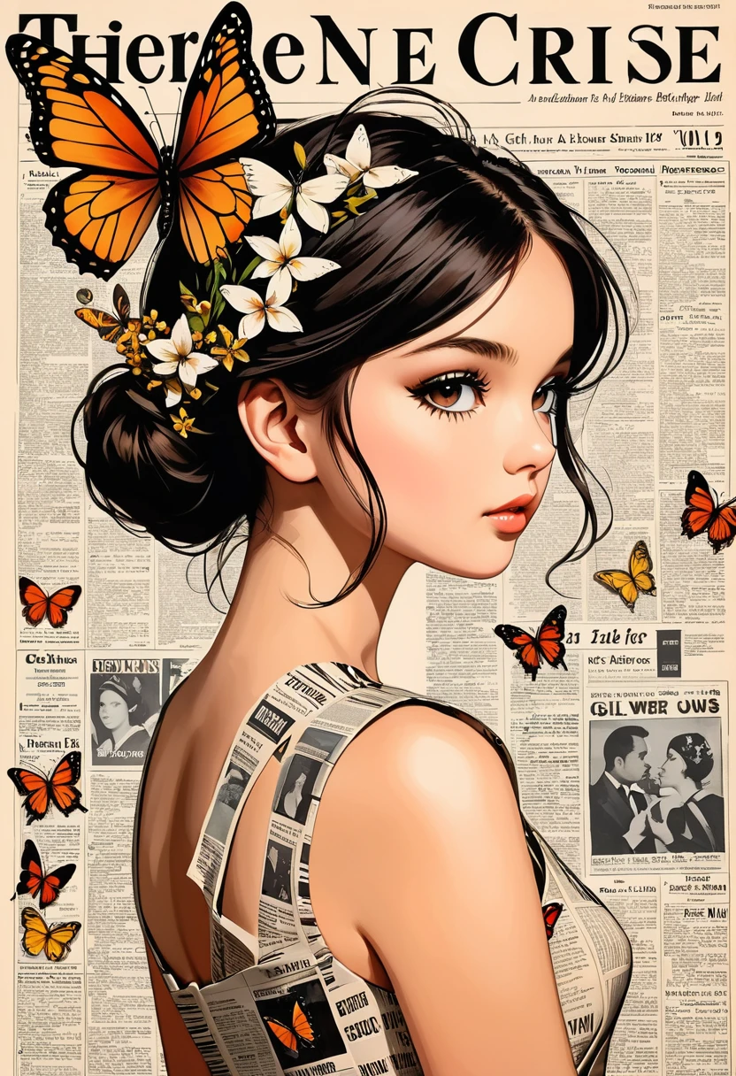 Side view girl, Solitary, Wearing a magazine cover dress, Delicate facial features and long eyelashes, A butterfly landed on her head, There were newspaper clippings all around.. Girl&#39;s face with realistic details, Bright colors，Clear focus. The overall image is a high-resolution masterpiece, Suitable for magazine cover. The art style is a mix of photography and concept art. Bright and eye-catching colors. The lighting is studio style, Soft lighting. Tips also include text and barcodes commonly found on magazine covers.