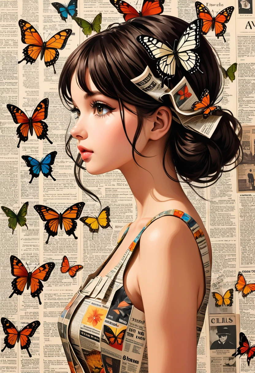 Side view girl, Solitary, Wearing a magazine cover dress, Delicate facial features and long eyelashes, A butterfly landed on her head, There were newspaper clippings all around.. Girl&#39;s face with realistic details, Bright colors，Clear focus. The overall image is a high-resolution masterpiece, Suitable for magazine cover. The art style is a mix of photography and concept art. Bright and eye-catching colors. The lighting is studio style, Soft lighting. Tips also include text and barcodes commonly found on magazine covers.