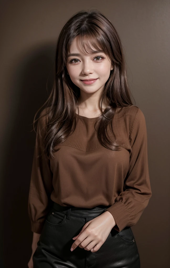 1 18 year old girl, brown fringe hair, Linda, realisitic, HD, 4K, blouse in brown color, black pants, girl with smile, all dark brown background, sem mostra in the east