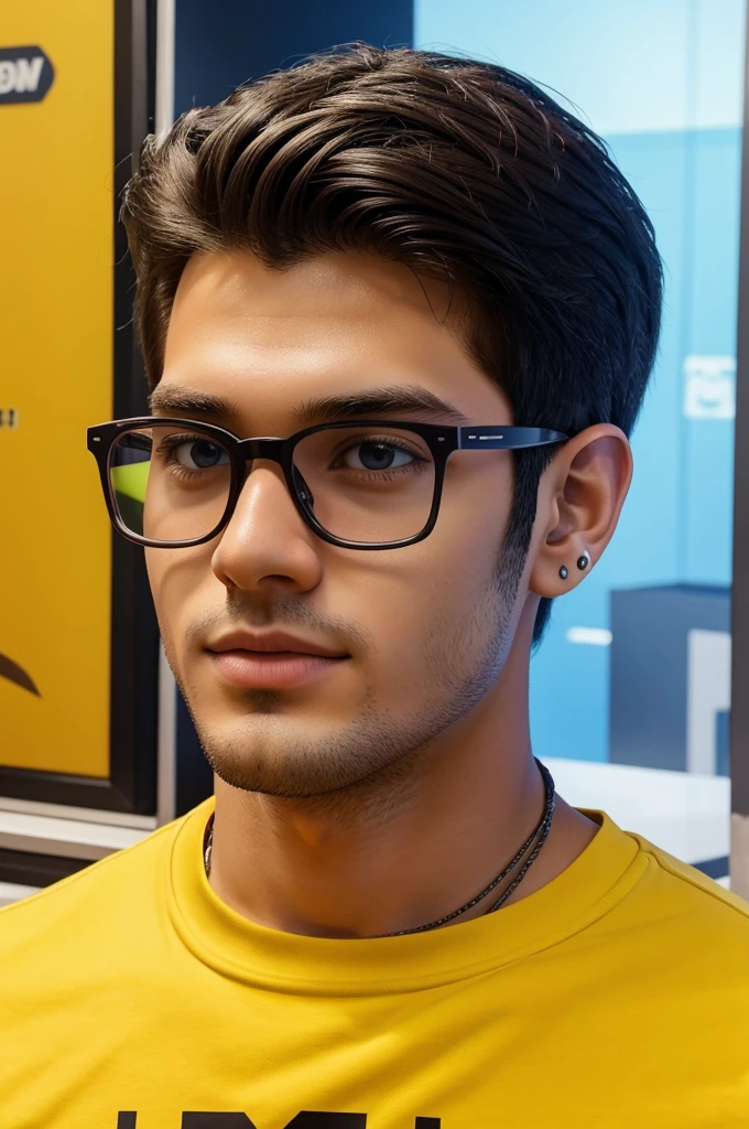 Create a 3D illustration featuring a realistic 22-year-old beautiful Boy busy Developing software in front of a 3D logo of “SNAP CHAT” The Boy wearing Yellow & white casual Shirts, with glasses, with headphones , The background of the image should showcase a social media profile page and the username “kishu” and a matching profile picture and modify it according to your perspective.