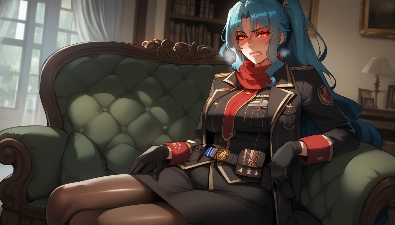 score_9, score_8_up, score_7_up, score_6_up, uncensored, Tomoe, blue hair, ponytail, red scarf, red eyes, naughty face, shiny skin, sweating, BREAK (masterpiece:1.2), best quality, high resolution, unity 8k wallpaper, (illustration:0.8), (detailed eyes:1.3), perfect lighting, extremely detailed CG, (perfect hands, perfect anatomy), hearts, pleasured, clenched teeth, thick lips, gloves, breasts, 1girl, large_breasts, sitting, military, black_gloves, couch, pantyhose, jacket, looking_at_viewer, military_uniform, bangs, indoors, chair, uniform, crossed_legs, long_sleeves, solo
