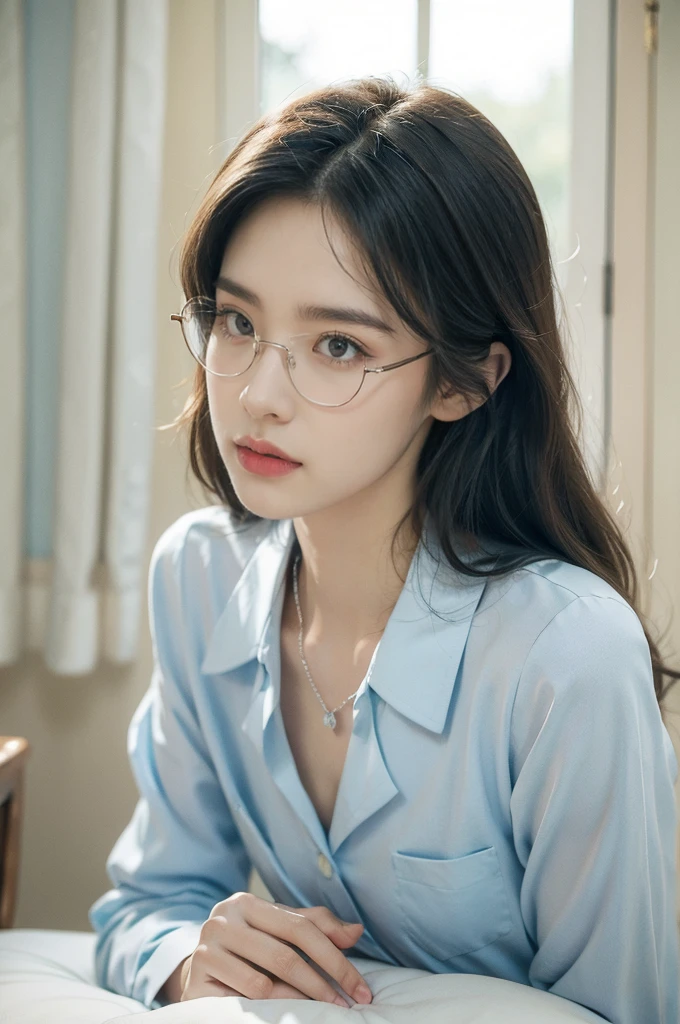 (((best quality))),(((ultra detailed))),(((masterpiece))),illustration,((1 beautiful girl,solo)),(glasses:1.3),slim,thin,small breasts,flat chest,shoulder length straight hair,on bed,dilapidated,hotel room,summer's afternoon,anticipation,shyness,date,big almond-shaped eyes,excited,nervous,fair skin,flawless,rosy cheeks,(light blue collared shirt:1.3),slender figure,delicate collarbones,white flowers,delicate silver chain,rusty bed frame,peeling wallpaper,white lace curtain,warm sunlight,soft warm glow,old-fashioned radio,cheerful tune,nervousness,heart pounding,excitement,door,plain attire,electric atmosphere,love,butterflies,((from front,close-up of face))