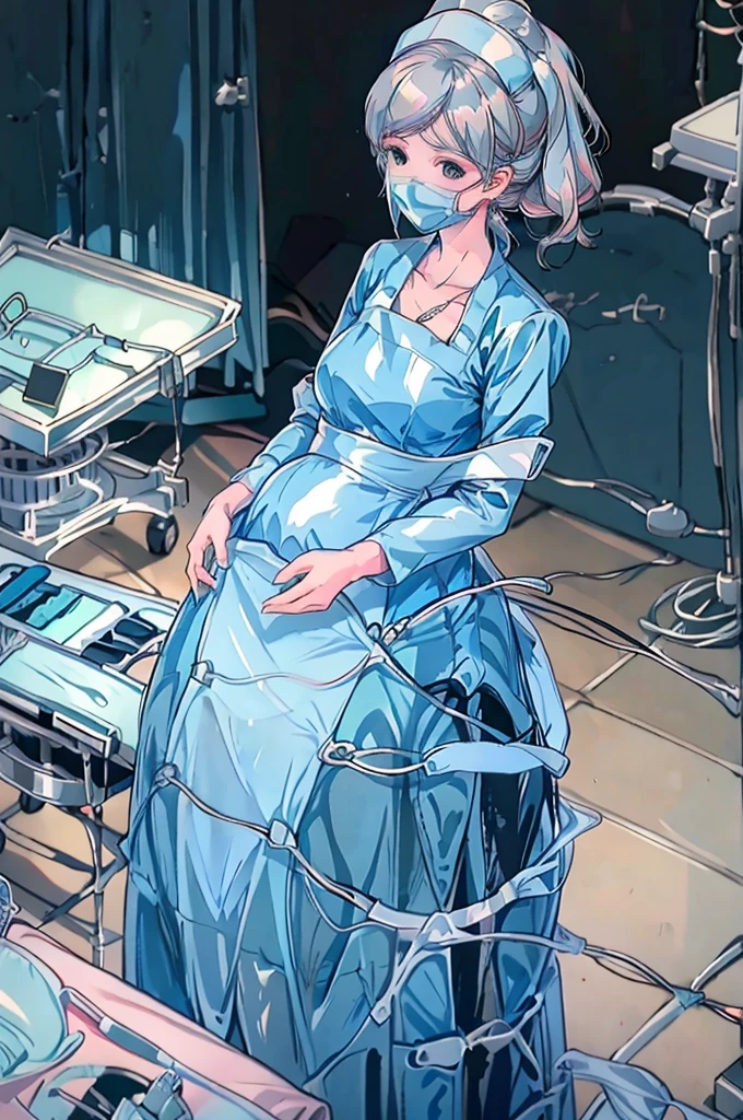 Score_9, Score_8_up, Score_7_up, source_anime, pale skin, long scrubbed hair, surgical mask, surgical cap, long sleeve maternity clothes, tight, 
1 girl, pregnant, solo, rubber gloves, looking down, frowning, operating bed, in the operating room, standing,