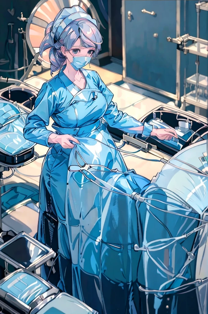 Score_9, Score_8_up, Score_7_up, source_anime, pale skin, long scrubbed hair, surgical mask, surgical cap, long sleeve maternity clothes, tight, 
1 girl, pregnant, solo, rubber gloves, looking down, frowning, operating bed, in the operating room, standing,