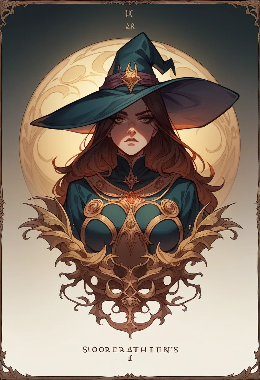 Brunette Girl, Long Hair Blond, Witch, Sorceress, of darkness, full of powers, strong and imposing, war scene illustration, centred image, a single image on a single card, with golden Bronze and Silver borders,