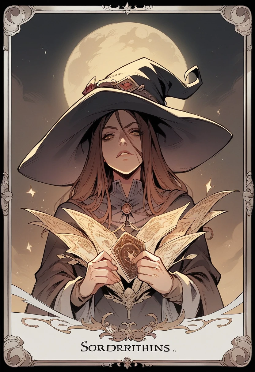 Brunette Girl, Long Hair Blond, Witch, Sorceress, of darkness, full of powers, strong and imposing, war scene illustration, centred image, a single image on a single card, with golden Bronze and Silver borders,