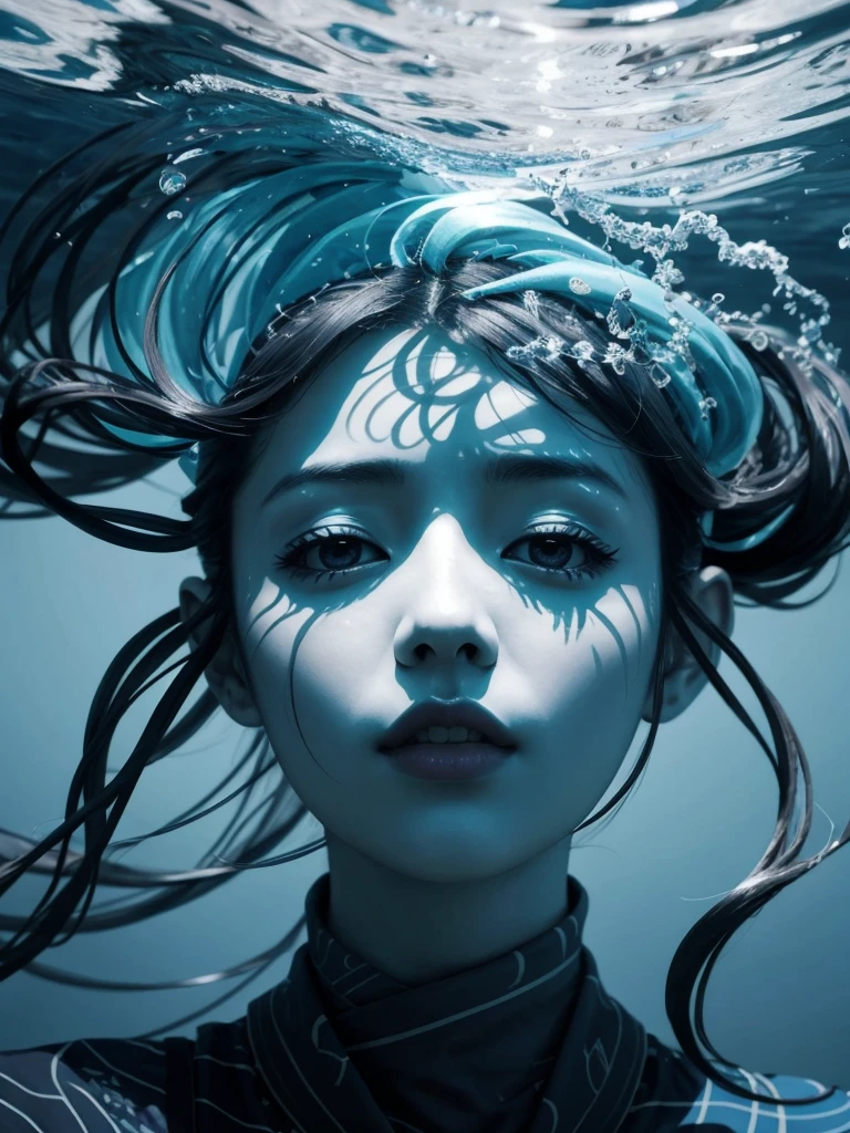 (best_quality, masterpiece:1.2), (detailed), (4k, 8k, uhd, high_resolution, highres),ふさふさのロングヘアー， 1girl, 白いGothicドレス flat color, abstract, ornate, blue theme A great collapsing ocean, shades of blue, feeling of depth, choppy water. It is possible to observe a face forming, c4nd1c3sw,下からわき上がる水の泡
