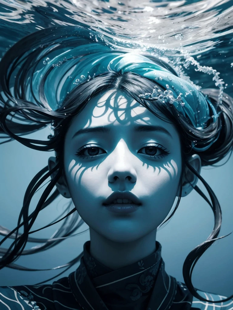 (best_quality, masterpiece:1.2), (detailed), (4k, 8k, uhd, high_resolution, highres),ふさふさのロングヘアー， 1girl, 白いGothicドレス flat color, abstract, ornate, blue theme A great collapsing ocean, shades of blue, feeling of depth, choppy water. It is possible to observe a face forming, c4nd1c3sw,下からわき上がる水の泡