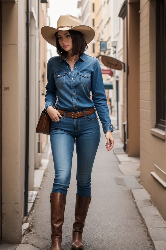 A brunette with straight, short hair, a cowboy hat on her head, tight pants and boots on her feet