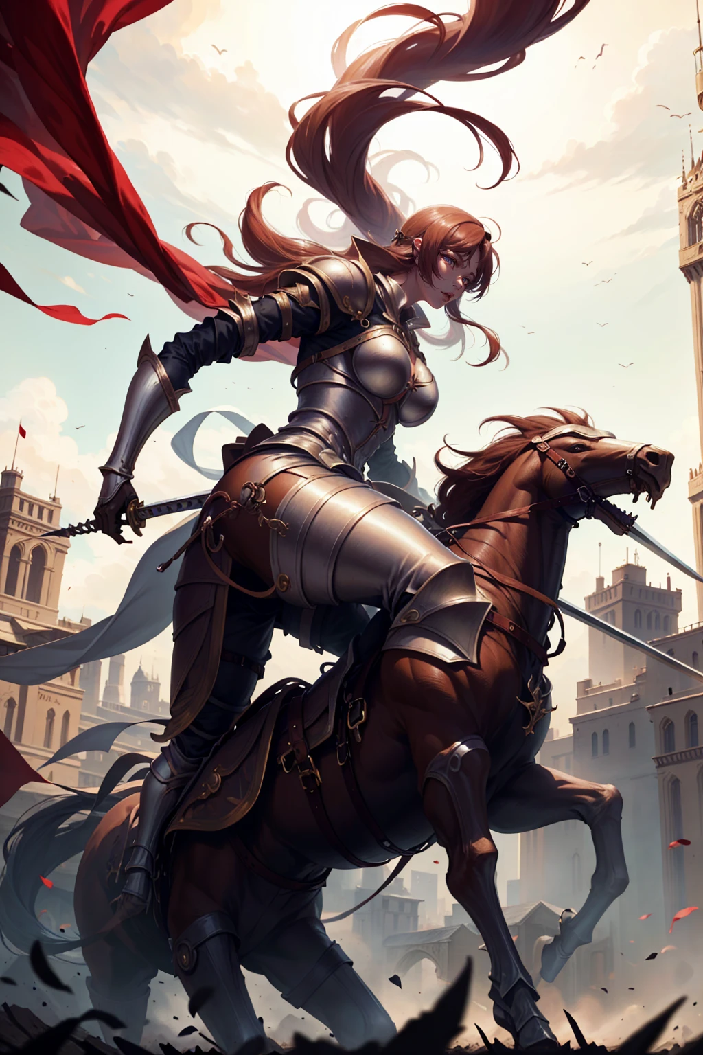 sexy swordsman knight woman riding on a horse on the battlefield