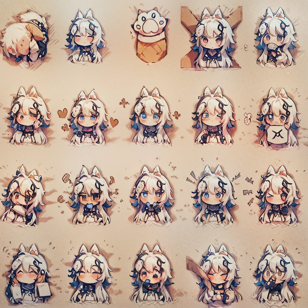 anime foxgirl with pink hair and white dress holding a cat, cute anime foxgirl, anime girl with fox ears, chibi, upper body, big head, laugh, and character traits, 9 emojis, 9 emotions, Grieves, astonishment, having fun, sound sleep, big laughter, irate, doubt, Sell moe, angry