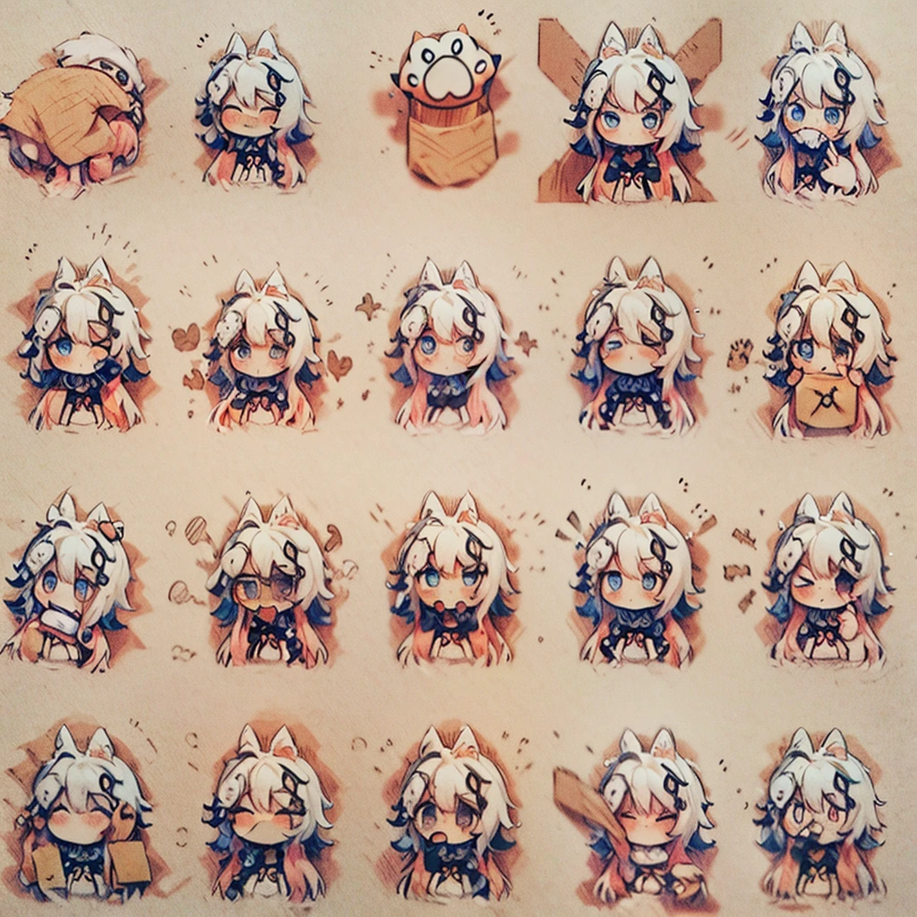 anime foxgirl with pink hair and white dress holding a cat, cute anime foxgirl, anime girl with fox ears, chibi, upper body, big head, laugh, and character traits, 9 emojis, 9 emotions, Grieves, astonishment, having fun, sound sleep, big laughter, irate, doubt, Sell moe, angry