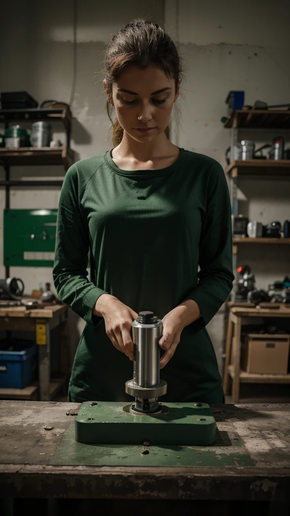 1 woman,green clothes, dark, In a workshop, working with a polisher,working with a 900W grinder with speed regulator 
