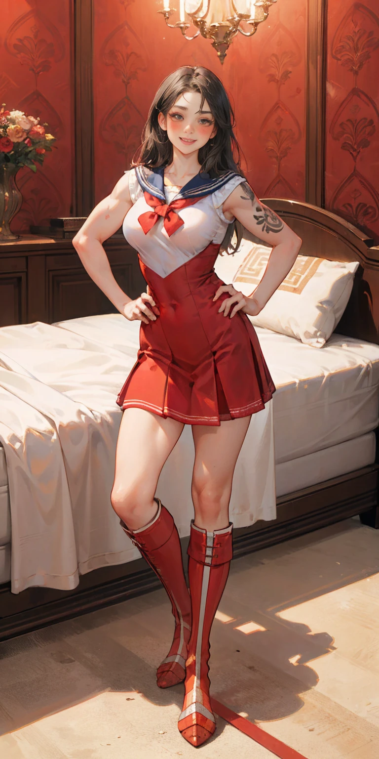 woman bodybuilder with very large calves very beautiful resemblance sailor uniform, full body standing symmetrical lustful smirking smile face (red blush) martial art, bouquet of flowers holding, full body toe to head, feet together, high boots, big breast, paladin warrior knight, hands on hips. red tattoo on belly, bedroom background, royal bedroom