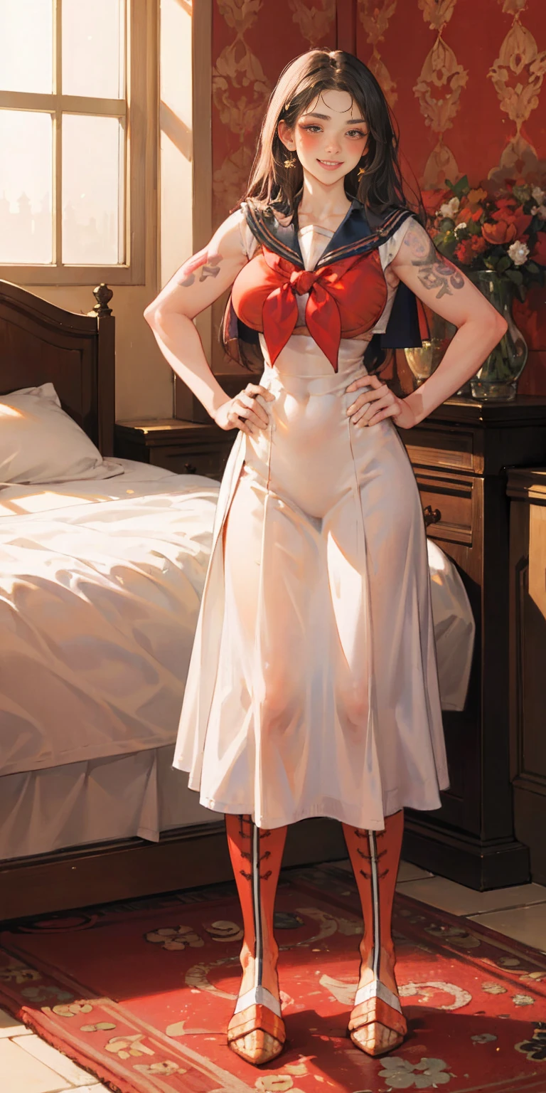 woman bodybuilder with very large calves very beautiful resemblance sailor uniform, full body standing symmetrical lustful smirking smile face (red blush) martial art, bouquet of flowers holding, full body toe to head, feet together, high boots, big breast, paladin warrior knight, hands on hips. red tattoo on belly, bedroom background, royal bedroom