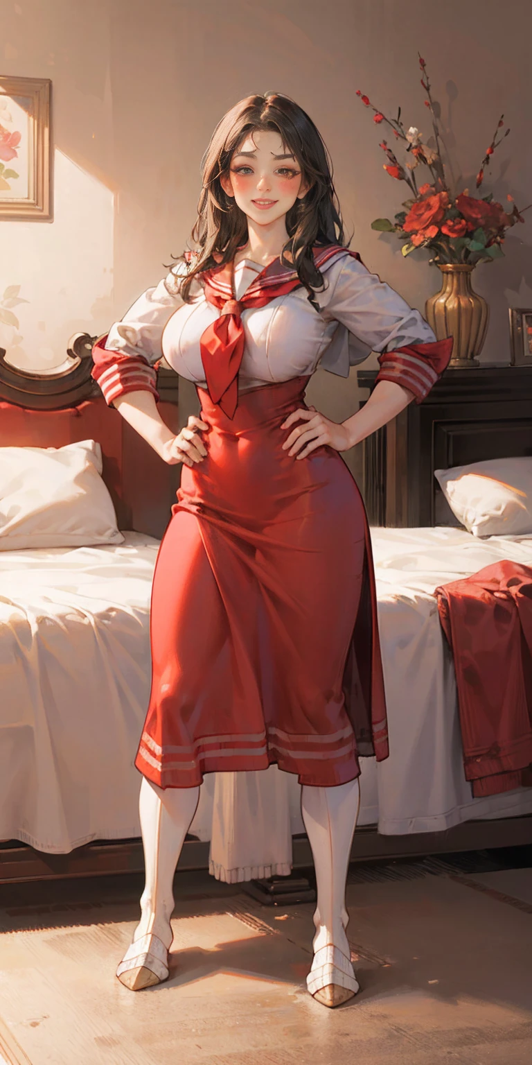 woman bodybuilder with very large calves very beautiful resemblance sailor uniform, full body standing symmetrical lustful smirking smile face (red blush) martial art, bouquet of flowers holding, full body toe to head, feet together, high boots, big breast, paladin warrior knight, hands on hips. red tattoo on belly, bedroom background, royal bedroom