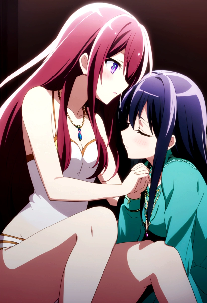 yuri anime, two girls in a room , one with a necklace , which the other girl grabs that same necklace and has her on her knees in her underwear, in a sensual pose