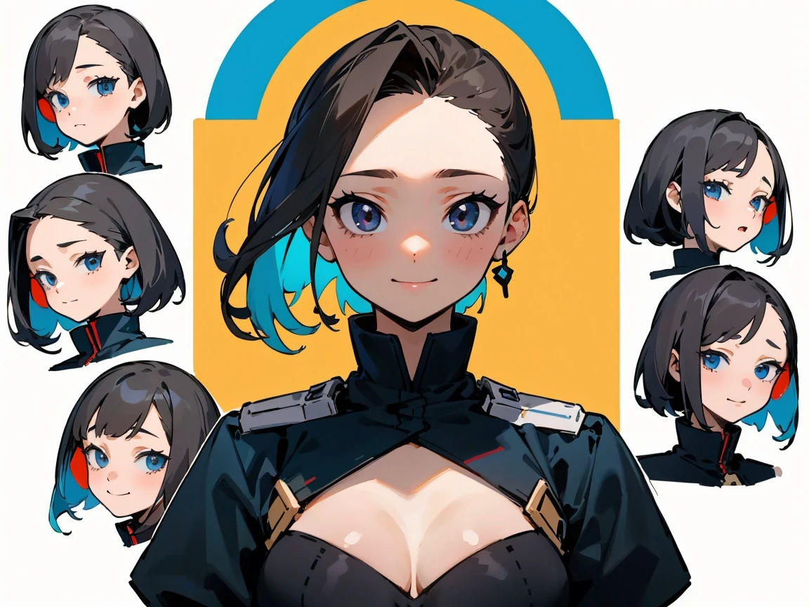 (masterpiece, best quality), 1girl, anime character facial expression sheet, Draw one facial expression from various directions on one sheet, draw a total of 6 faces, 3 horizontally and 2 vertically. The specified facial expression is a cheerful smile, portrait shot area depiction,
BREAK,
girl, age18, 165cm tall, slender, medium bob brunette hair, large slanted eyes, , (simple white background, only characters are colored:1.3),