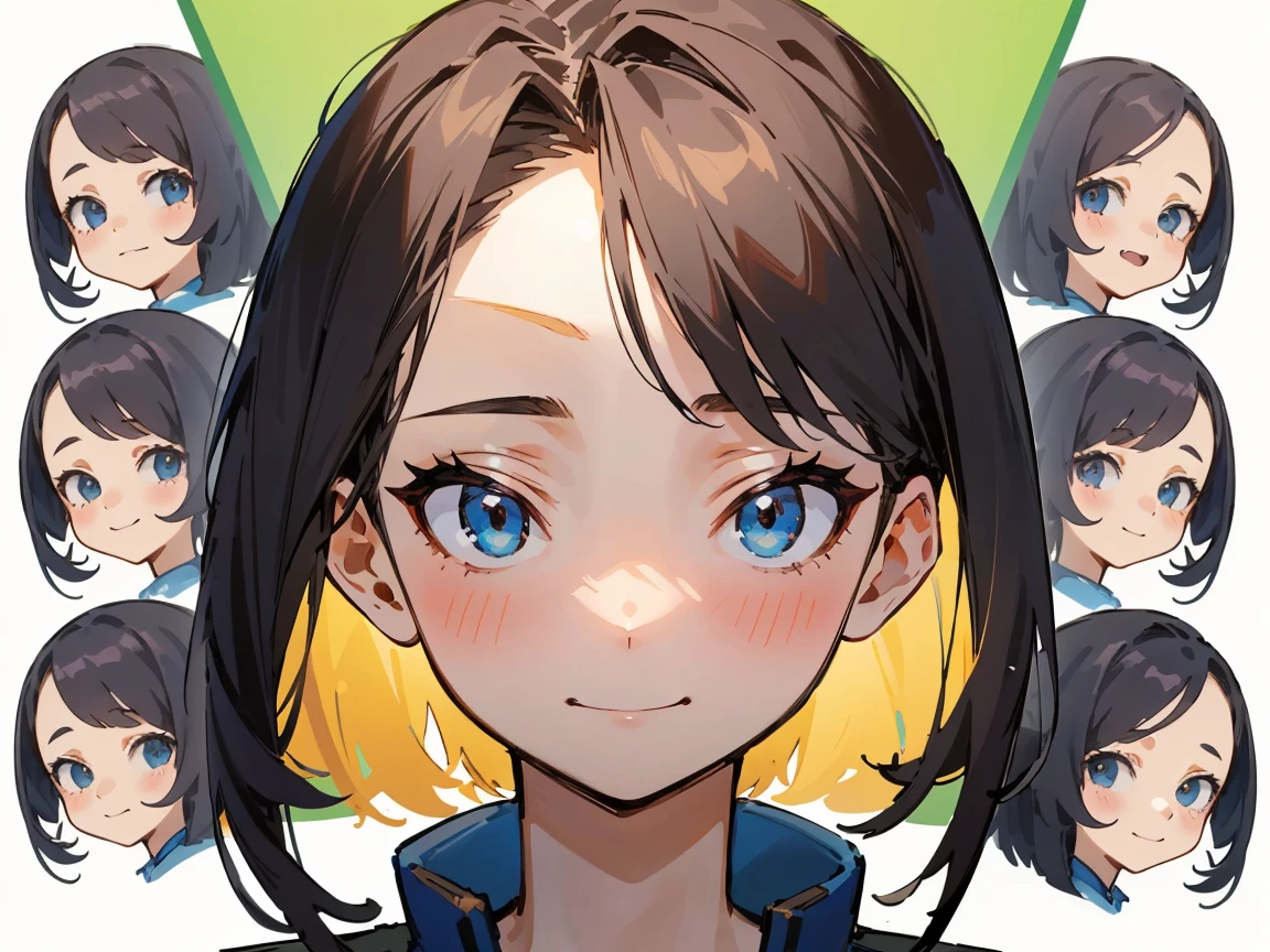 (masterpiece, best quality), 1girl, anime character facial expression sheet, Draw one facial expression from various directions on one sheet, draw a total of 6 faces, 3 horizontally and 2 vertically. The specified facial expression is a cheerful smile, portrait shot area depiction,
BREAK,
girl, age18, 165cm tall, slender, medium bob brunette hair, large slanted eyes, , (simple white background, only characters are colored:1.3),