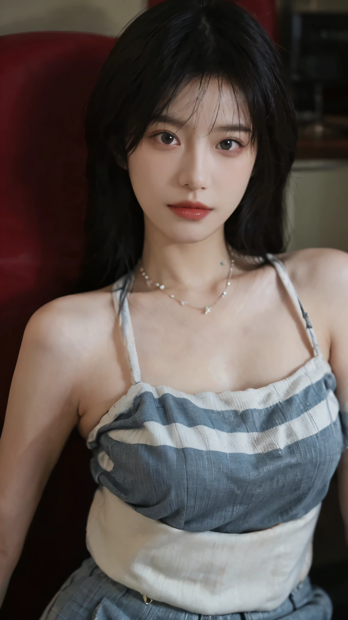 Film portrait photography, 2 girls, Bare shoulders,Lipstick,(flat chest:1.4), Wear a necklace,Cute expression,Exquisite makeup,Red suspenders,serene, calm, (Realistic and detailed eyes, Natural skin texture, Realistic facial details), Big breasts:1.6,Big Breasts,Soft dramatic lighting, Depth of Field, Bokeh, Vibrant details, Detailed and detailed, Surreal, 35mm film, hazy, ,