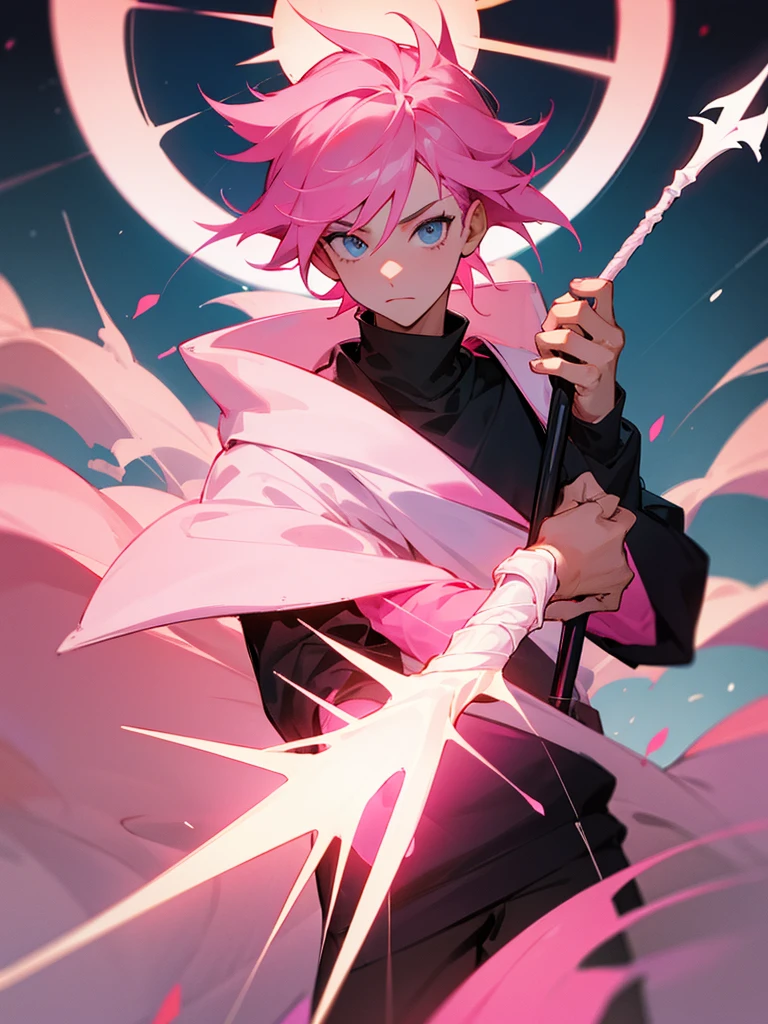 Make a guy with pink hair, wearing a black sweater, white and pink, holding a staff with a sun at the tip giving off light