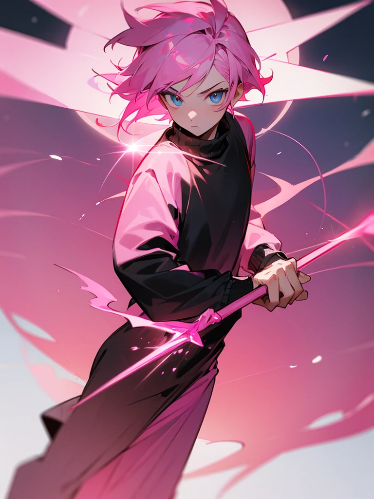 Make a guy with pink hair, wearing a black sweater, white and pink, holding a staff with a sun at the tip giving off light