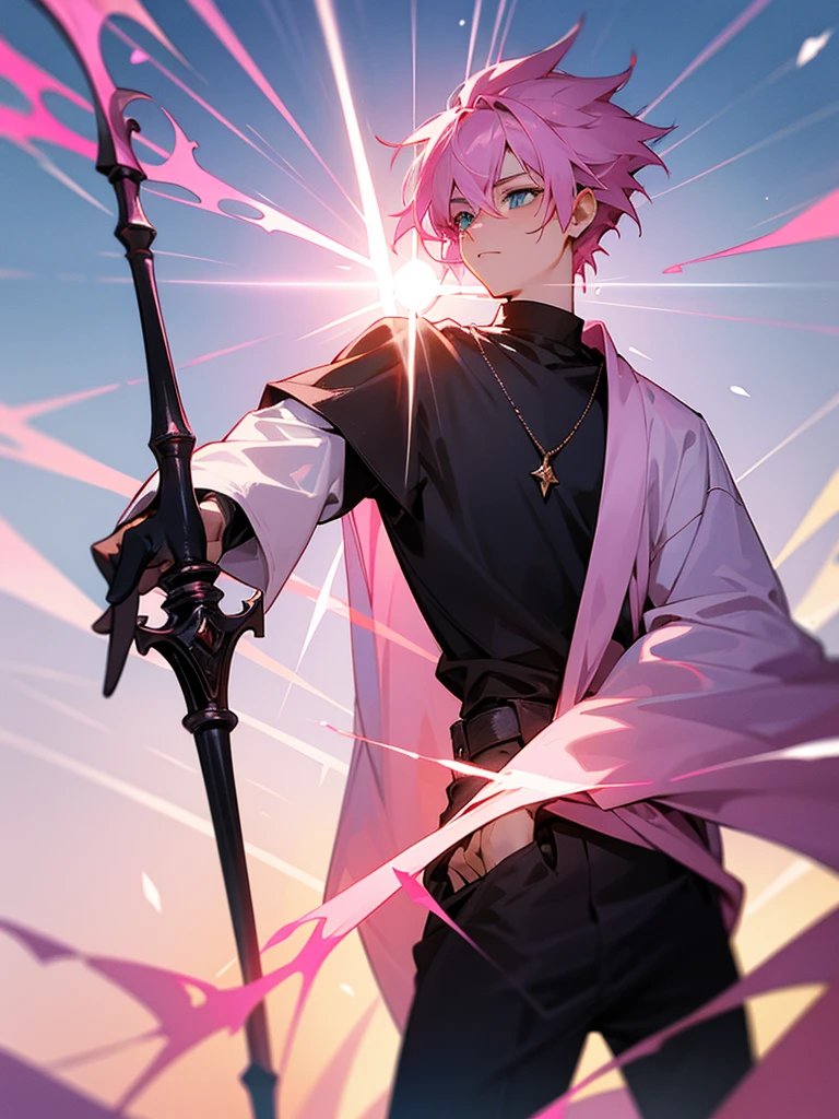 Make a guy with pink hair, wearing a black sweater, white and pink, holding a staff with a sun at the tip giving off light