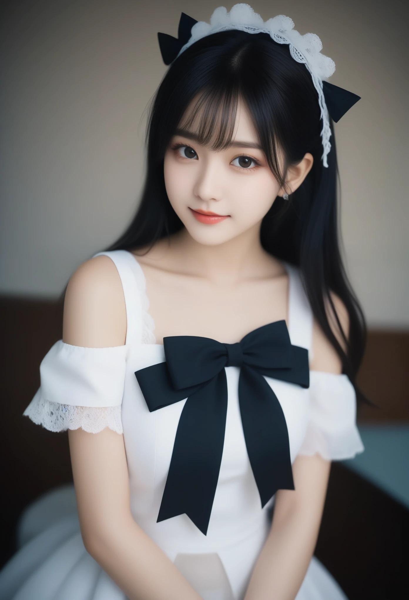 8K, Ultra-high resolution, Highest quality, masterpiece, 三分割法によるphotograph,Surreal, photograph, 1 girl, (:1.3), pretty girl, Cute face, Beautiful eyes in every detail, 細かくdetailedに,masterpiece,, One Girl:1.2, Japan Female Announcer,Young Wife,whole body、Black Hair、well-groomed eyebrows,Slutty Lip Makeup,1 Woman Standing, ,((White bondage and white gothic lolita)),Pencil Skirt、Black Stockings,Black high heels,Cute gestures、so beautiful,A carefree smile,Healing the heart,blunt bangs,Looking at the audience、beauty,Long neck、Laugh a little、Please close your mouth and laugh、(((Ideal body type))),A-cup small breasts :2,、Portraiture:2、Perfect Anatomy、鮮明なdetailed、detailed、Surreal、Light and shadow,Strong light
