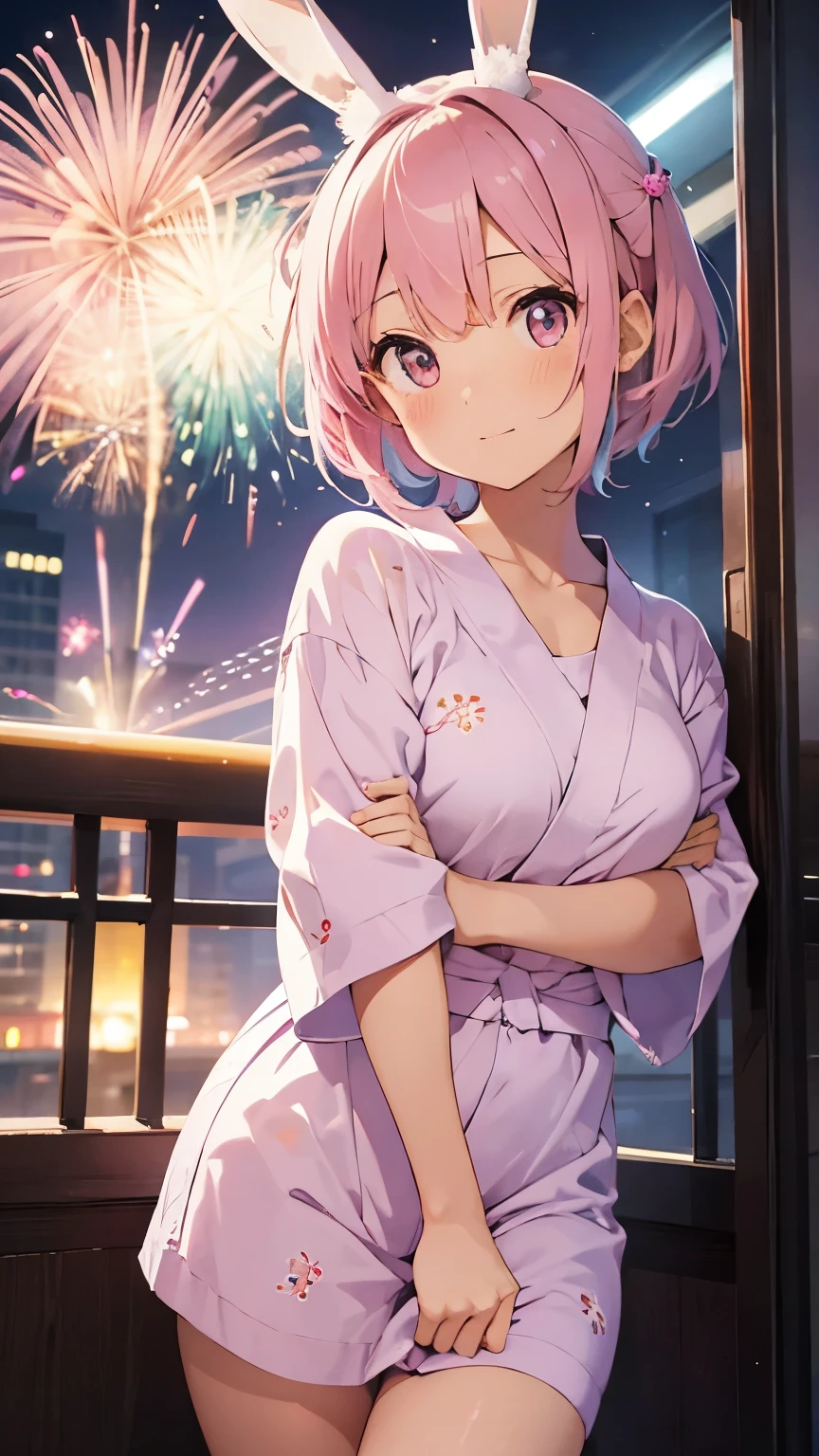 Highest quality, pretty girl, pastel colour, Fluffy bunny ears, Pink short bob,Pale pink eyes,Age 25,yukata,Inside the room,You can see the fireworks from the window
