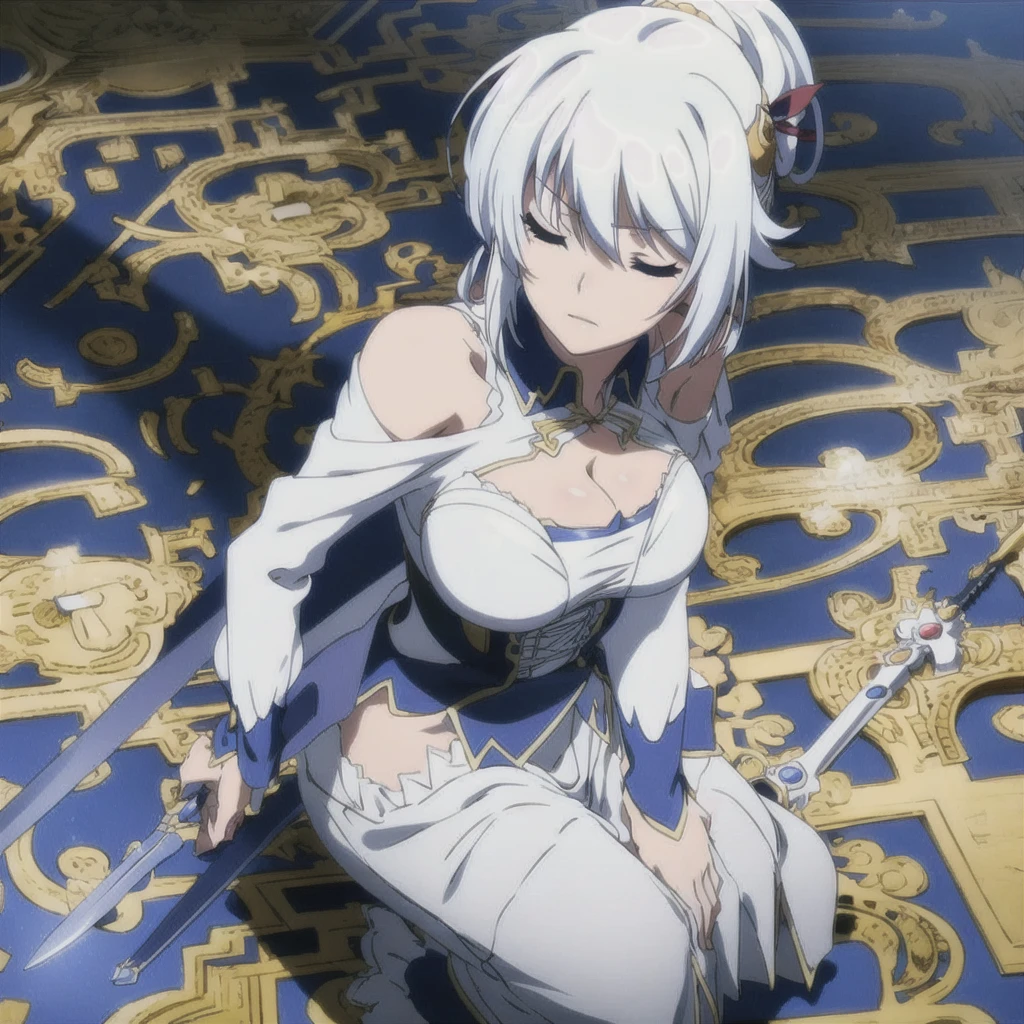 eleonora, 1girl, solo, breasts, large_breasts, hair_ornament, dress, cleavage, bare_shoulders, sitting, closed_eyes, ponytail, weapon, sword
((masterpiece, best quality, very detailed))