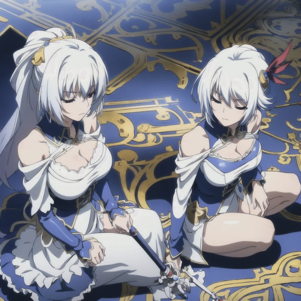 eleonora, 1girl, solo, breasts, large_breasts, hair_ornament, dress, cleavage, bare_shoulders, sitting, closed_eyes, ponytail, weapon, sword
((masterpiece, best quality, very detailed))