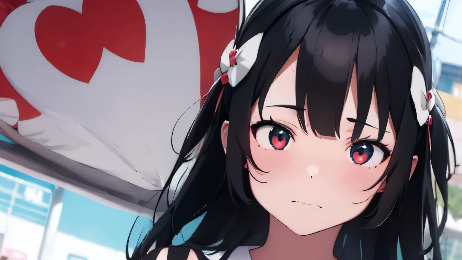 Heart Shape、真summer、summer、Sunshine、Heart Hands、angry、Spiteful eyes、、Black Hair、blunt bangs、White shirt、 hatsune miku,1 girl, 2D CG, Advanced digital anime art, anime character