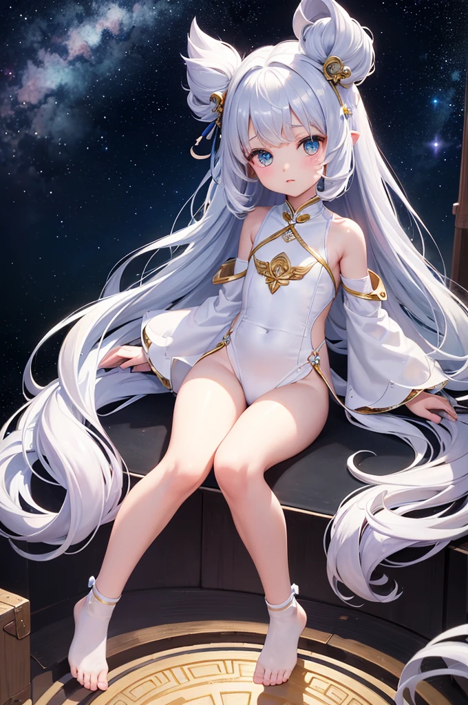 Little Loli,masterpiece, high resolution, best quality, Very detailed,wallpaper,Space starry sky background,Cute and cute,A body made of white jade,Silver long hair,Height one meter five,V-shaped jumpsuit,Full body picture,No shoes,Very small feet,Feet made of white jade。Whole body white jade