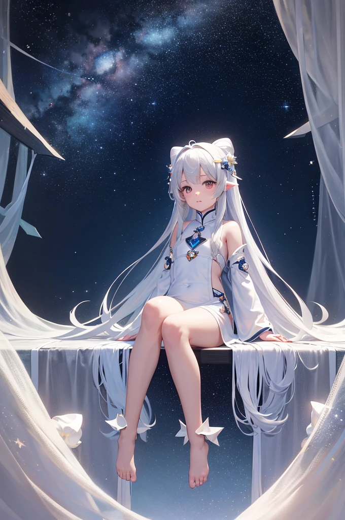 Little Loli，masterpiece, high resolution, best quality, Very detailed,wallpaper，Space starry sky background，Cute and cute，A body made of white jade，Silver long hair，Height one meter five，V-shaped jumpsuit，Full body picture,No shoes，Very small feet，Feet made of white jade。Whole body white jade