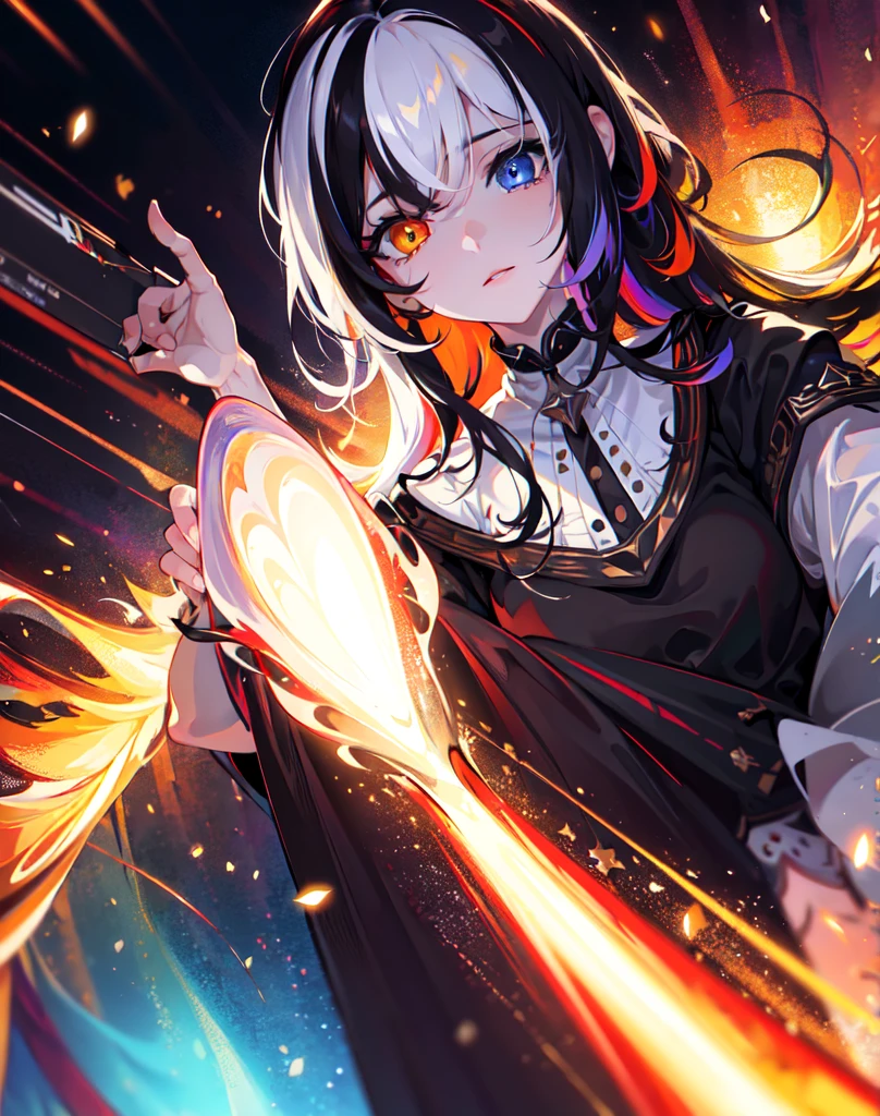 {{masterpiece}}, best quality, extremely detailed CG unity 8k wallpaper, cinematic lighting, lens flare, beautiful detail eyes, black,  side glance,  multicolor hair, colorful light, particles, heterochromia, (colorful:1.5), (colorful hair:1.5), 