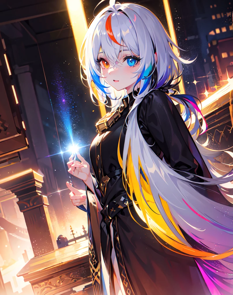 {{masterpiece}}, best quality, extremely detailed CG unity 8k wallpaper, cinematic lighting, lens flare, beautiful detail eyes, black, side glance, multicolor hair, colorful light, particles, heterochromia, (colorful:1.5), (colorful hair:1.5),